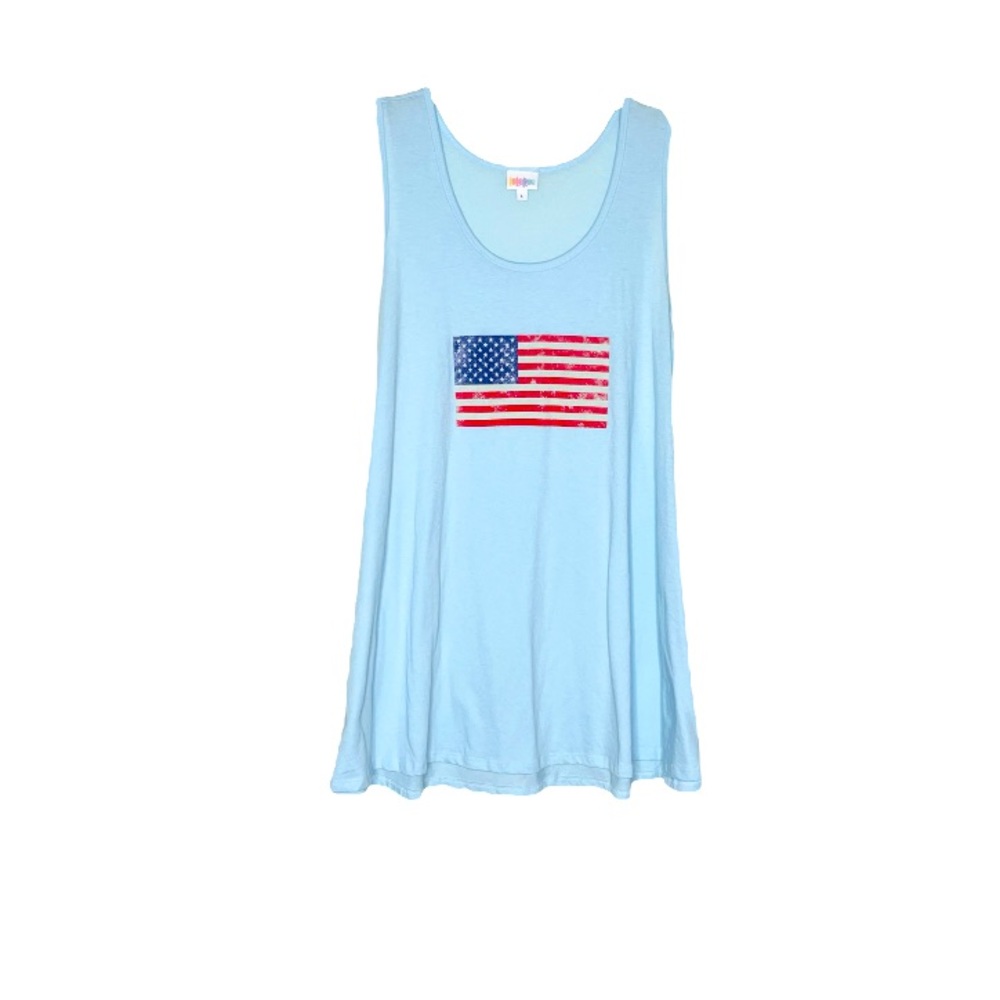 LulaRoe Fourth of July United States flag tan size large baby blue slip dress